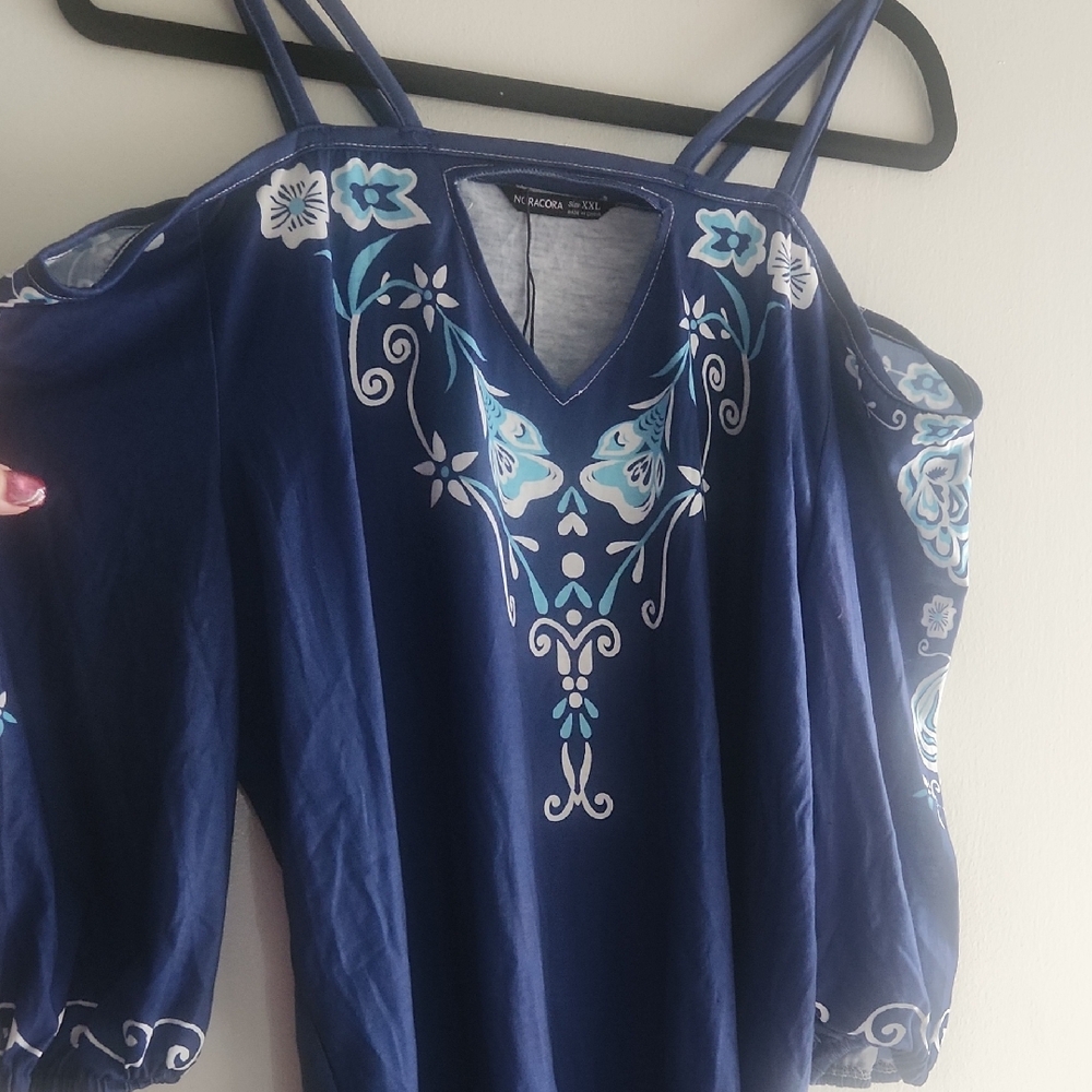 Navy Embroidered Cold-Shoulder Tunic Top